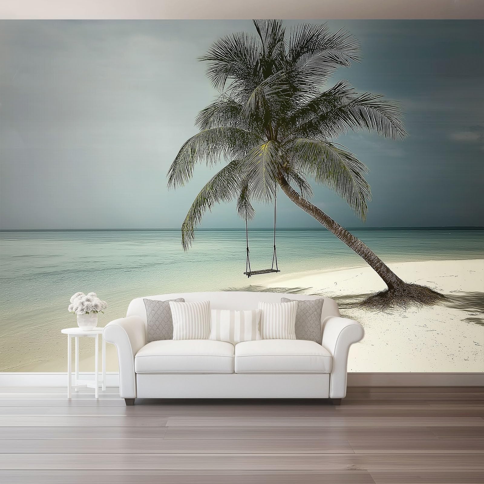 3D Wall Mural Tropical Palm Trees Swing Print Photo Wallpaper, Luxury Non-Woven Wall Mural Decoration Poster Picture Design Modern Blue White 350 X 256 Cm Wallpaper Living Room Bedroom Office