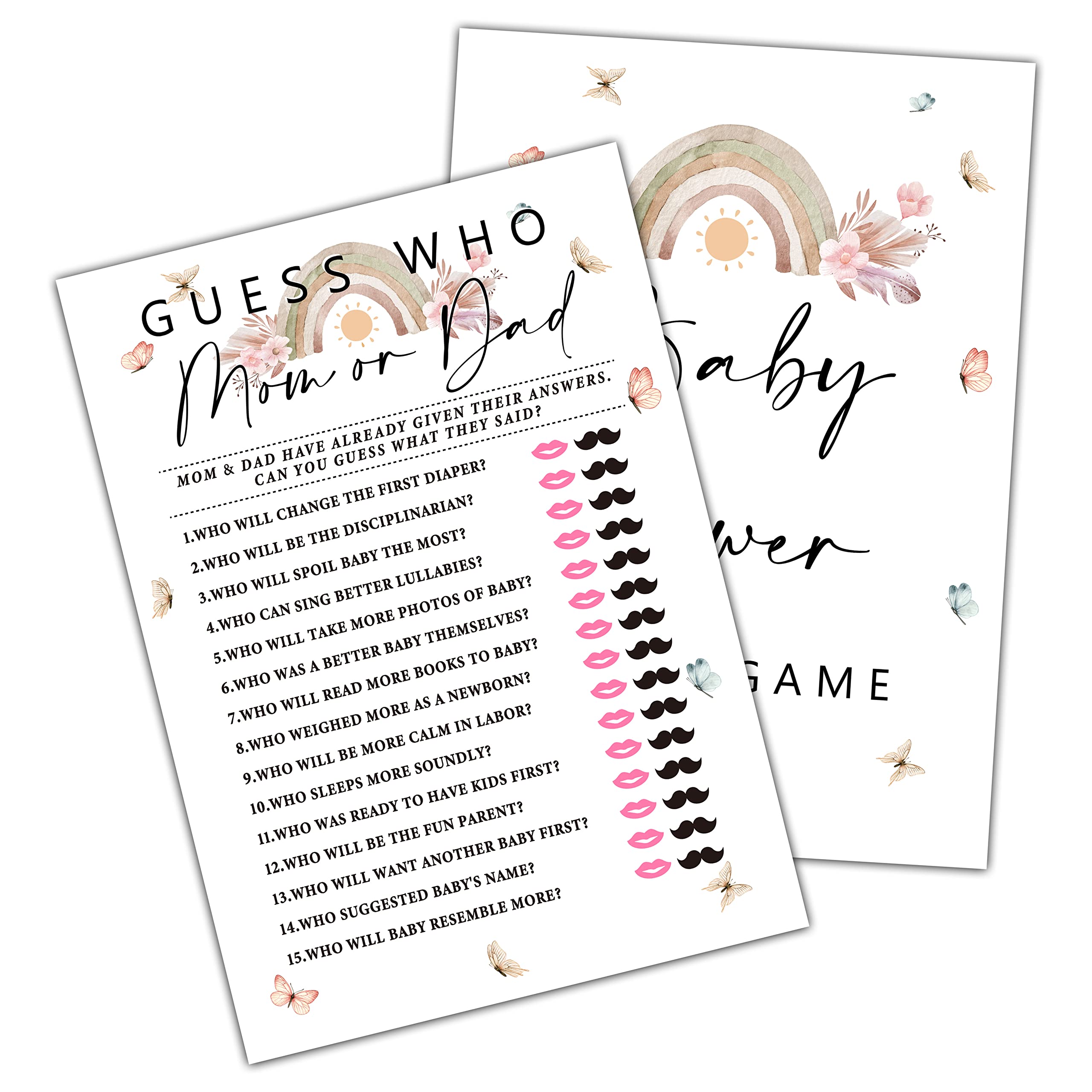 Boho Rainbow Baby Shower Games, Mom or Dad Guess Who (30-Pack), Boho Floral Baby Gender Reveal Party Game, Boho Theme Pregnant Celebration Decoration