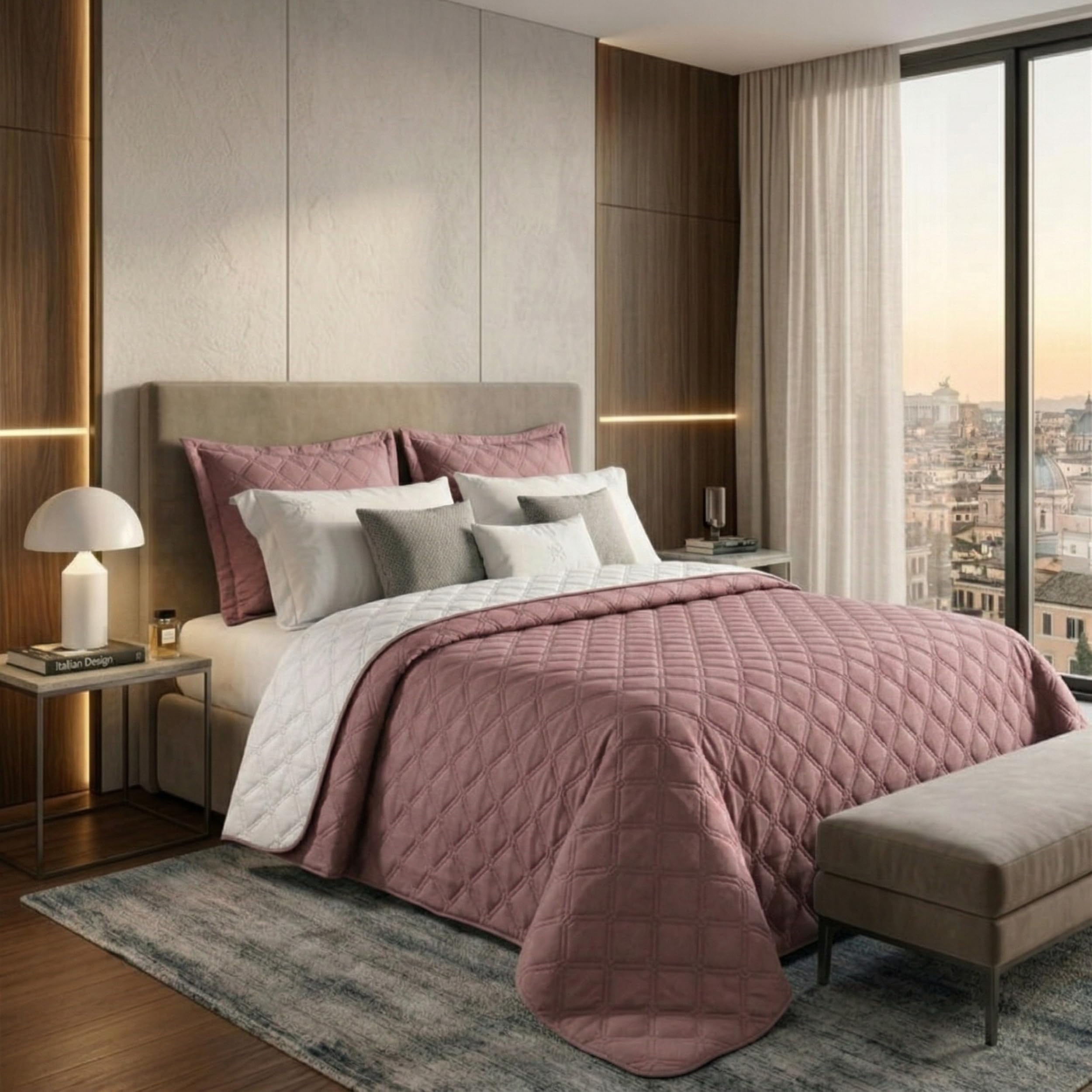 o-day Renato Balestra Frühlings-Steppdecke für Doppelbett, hergestellt in Italien, aus weichem Polyester, Sommer-Tagesdecke, einfarbig (Puder, Doppelbett 255 x 245 cm)