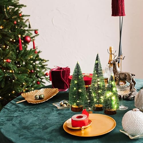 Miniatura 7 de Poen Juego de 4 piezas de mini árbol de Navidad de 121086 pulgadas con bases de madera, cepillo de botella artificial en miniatura, árbol de mesa de
