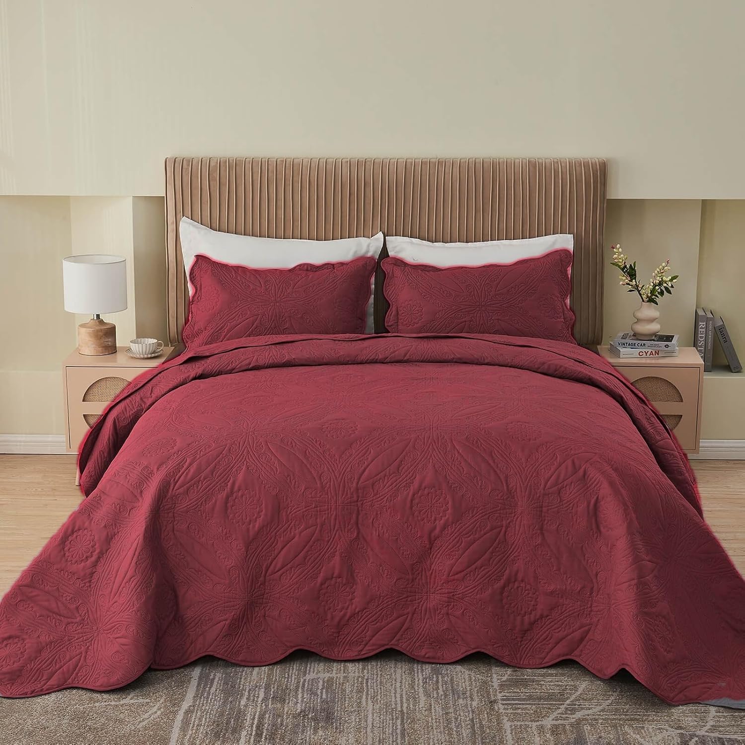 Kingnex Oversized King Bedspreads 128x120 for Extra Wide Tall King or Cal King Bed Ultrasonic Quilted Coverlet Set 3 Piece Include 1 Quilt 2 Pillowcases Burgundy