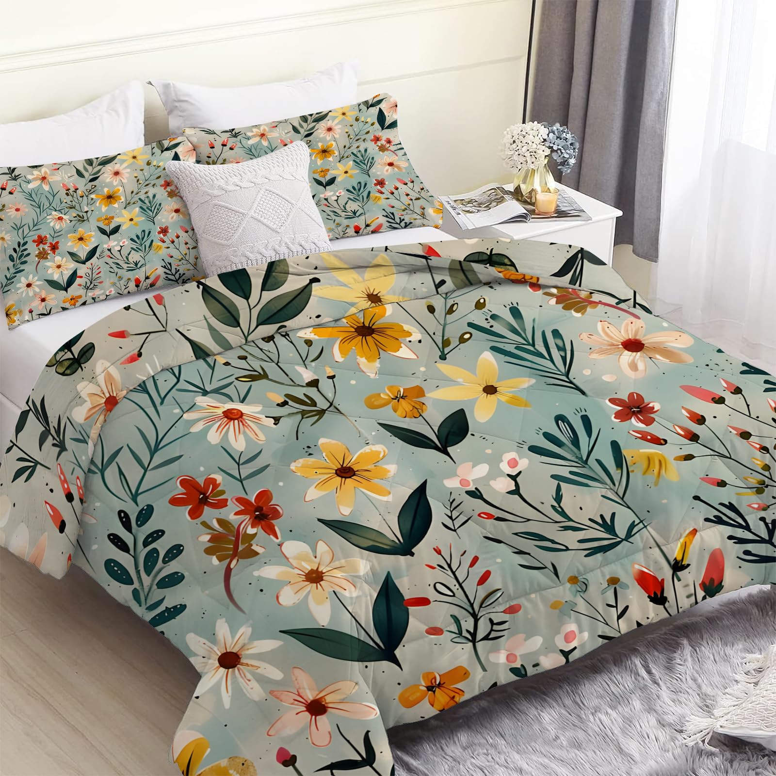 Couette légère d'été 240x220 cm imprimée plante avec 2 taies d'oreiller RétroEc300