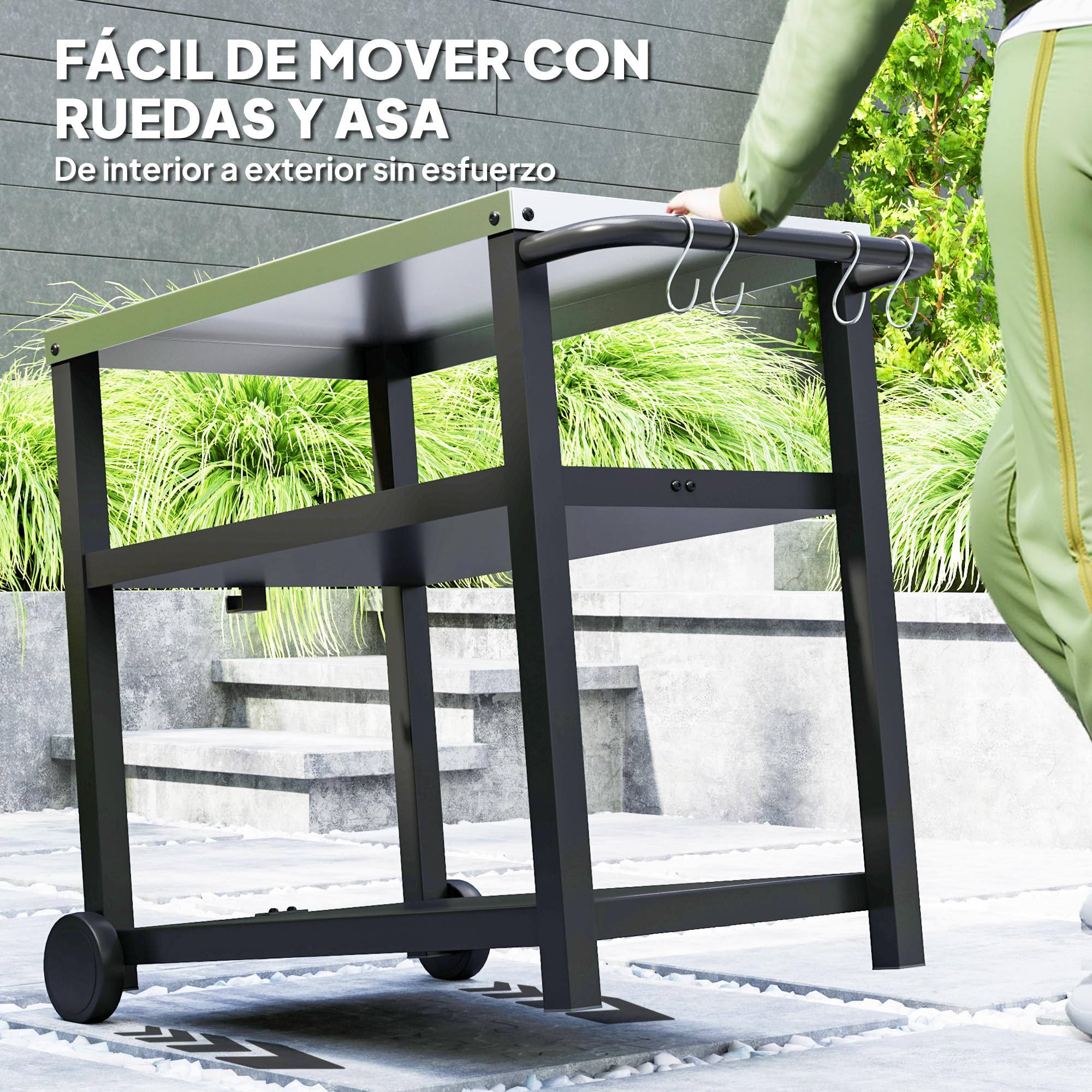 Outsunny Carrito de Parrilla de 3 Niveles Carrito de Barbacoa Carro de Servicio con 2 Ruedas Estantes Encimera de Acero Inoxidable y Asa Mesa de Horno de Pizza para Jardín Patio Gris Carbón