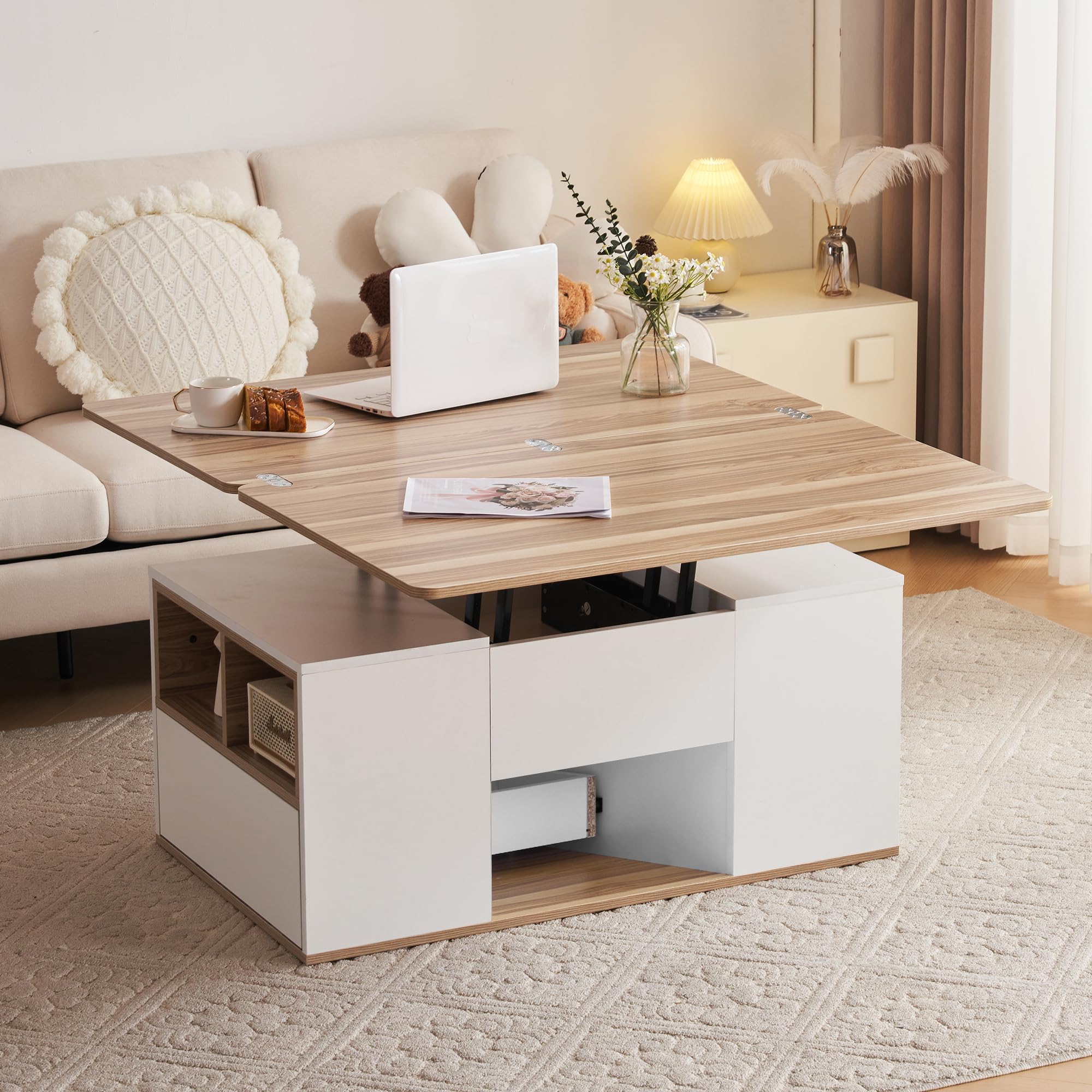 Mesa de Centro Elevable, Mesa Extensible, Multifuncional 3 en 1 con Almacenamiento Oculto,Gran Capacidad, Muebles Modernos para salón y Oficina, Mesa de Ocio multifunción,100x51x47cm,Blanco