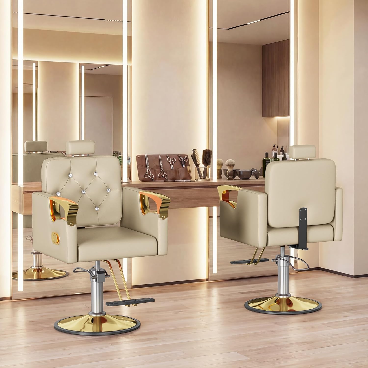 Barber Chair for Hair Stylists, Hydraulic Styling Chair with Heavy Duty Pump, 360° Swivel Barber Chairs with Reclining, Adjustable Headrest, Beauty Salon Equipment, 330 Lbs (Beige-Gold)