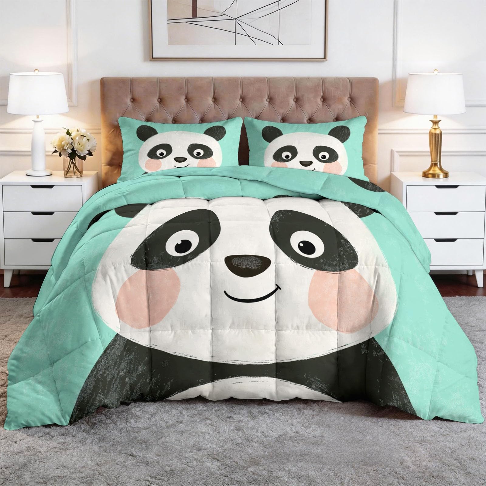 Cartoon Animal Panda kołdra bez poszewki, 155 x 220 cm, miękka minimalizm, pikowana kołdra dla dzieci i chłopców, lekka kołdra – nadaje się do prania, lodowa zieleń, całoroczna, nie wymaga prasowania