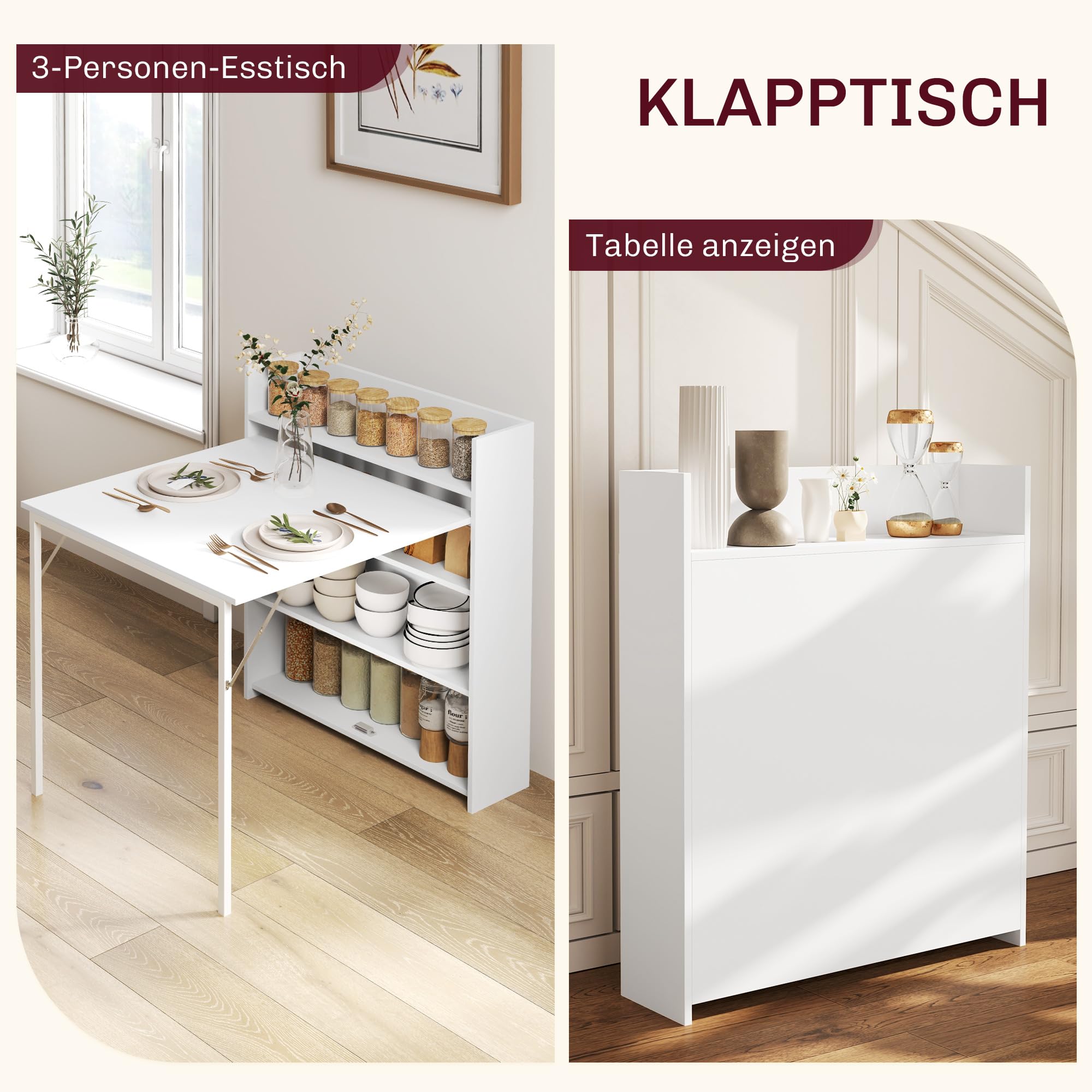 HOMCOM Esstisch Klappbar Küchentisch für 3 Personen mit 4-stufigen Regalen, Klapptisch Moderner Esszimmertisch für kleine Räume, Küche, 78,5 x 91 x 93 cm, Weiß
