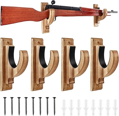 Juexica Paquete de 4 soportes para pistola para rifles, escopeta de pared, soporte rústico para rifle de madera, ganchos horizontales para rifle de