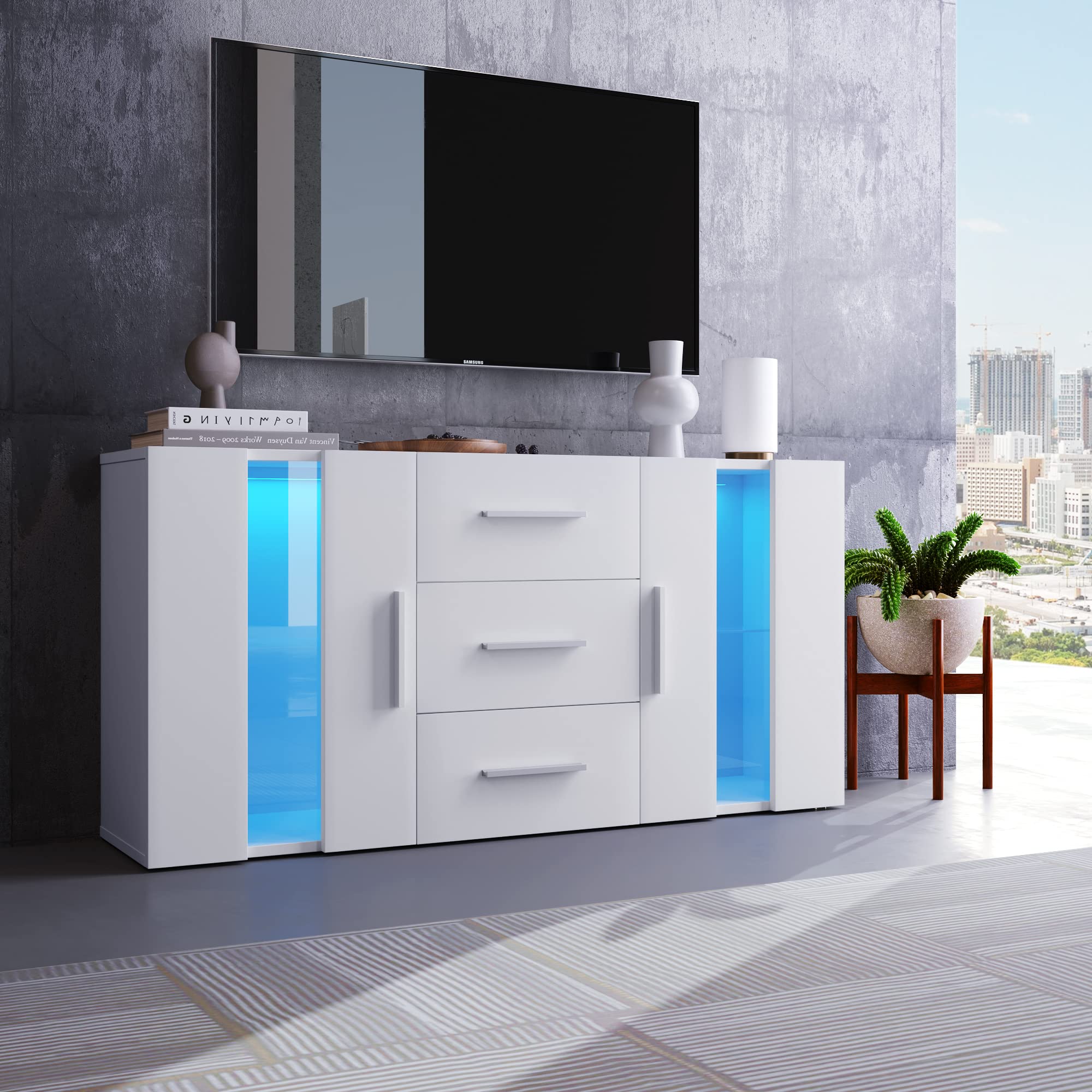 Azkoeesy Aparador LED 140 x 35 x 72 cm, Blanco, Cómoda con 3 cajones - Puertas acrílicas - Tiradores Plateados - Mueble TV/Buffet para Comedor/salón/Cocina