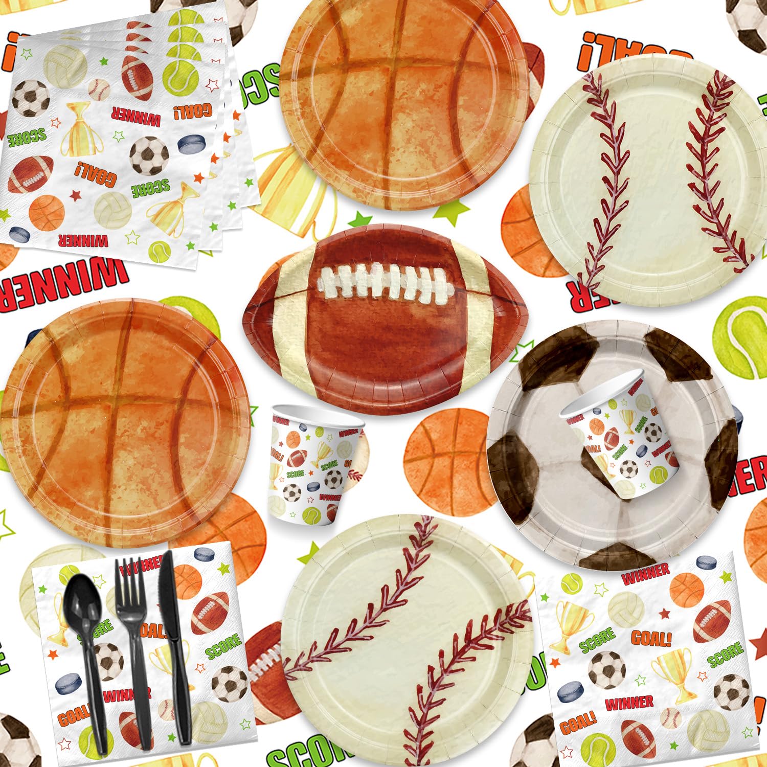 Decorazioni sportive per feste di compleanno – Piatti a tema sportivo, tovaglioli, tazze, striscioni, tovaglie, kit da tavola per basket, calcio, baseball, calcio, serve 20 ospiti per festa di