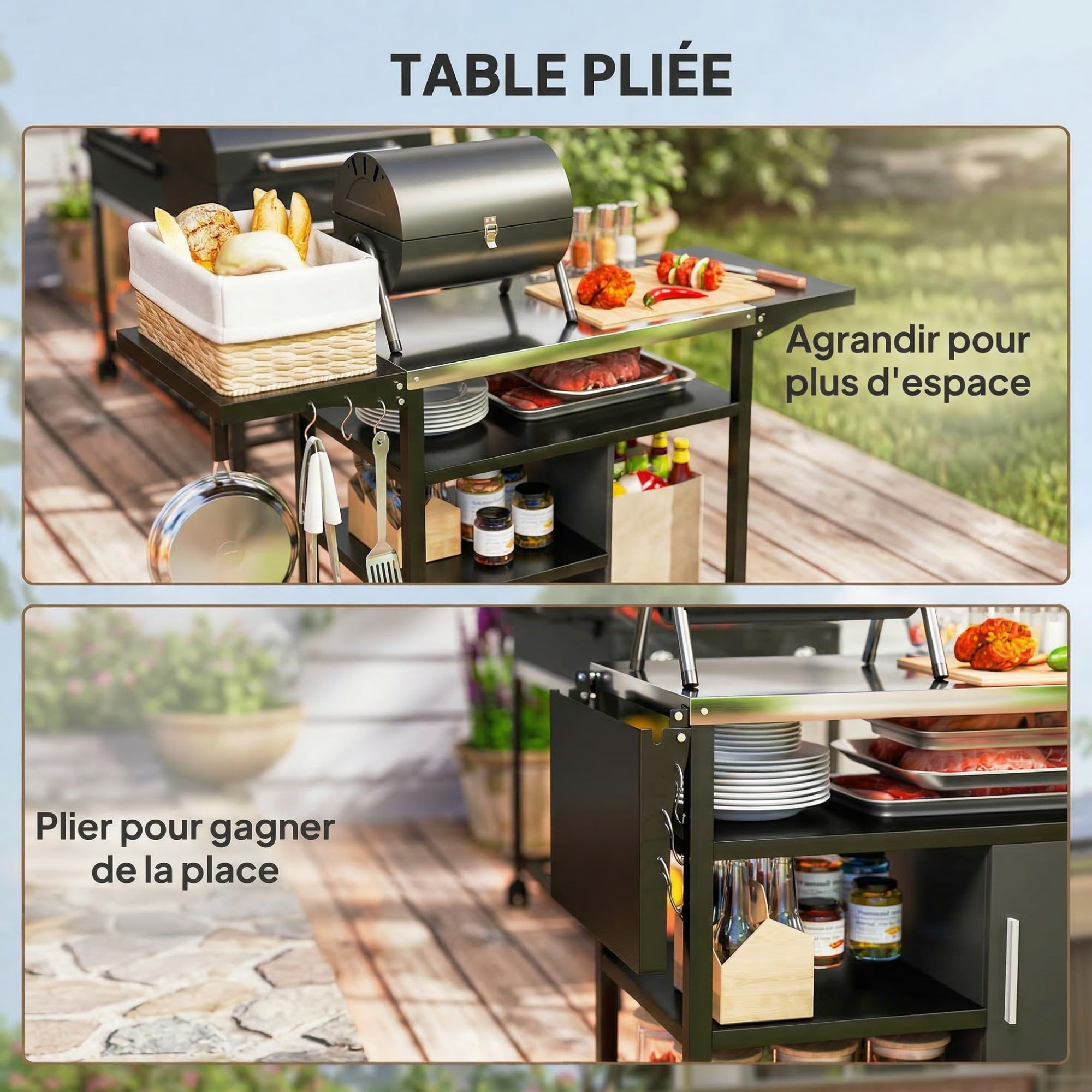 Outsunny Carrello per barbecue con vassoio in acciaio inox, ripiano pieghevole, ganci e custodia in dotazione, carrello esterno con ruote, 127 x 51 x 84 cm, colore: nero