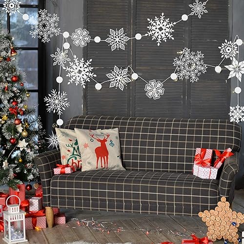 Miniatura 4 de Konsait Guirnalda colgante de copo de nieve de invierno de 16.4 pies, decoración de Navidad, 2 cuerdas, adornos de copos de nieve, guirnalda para