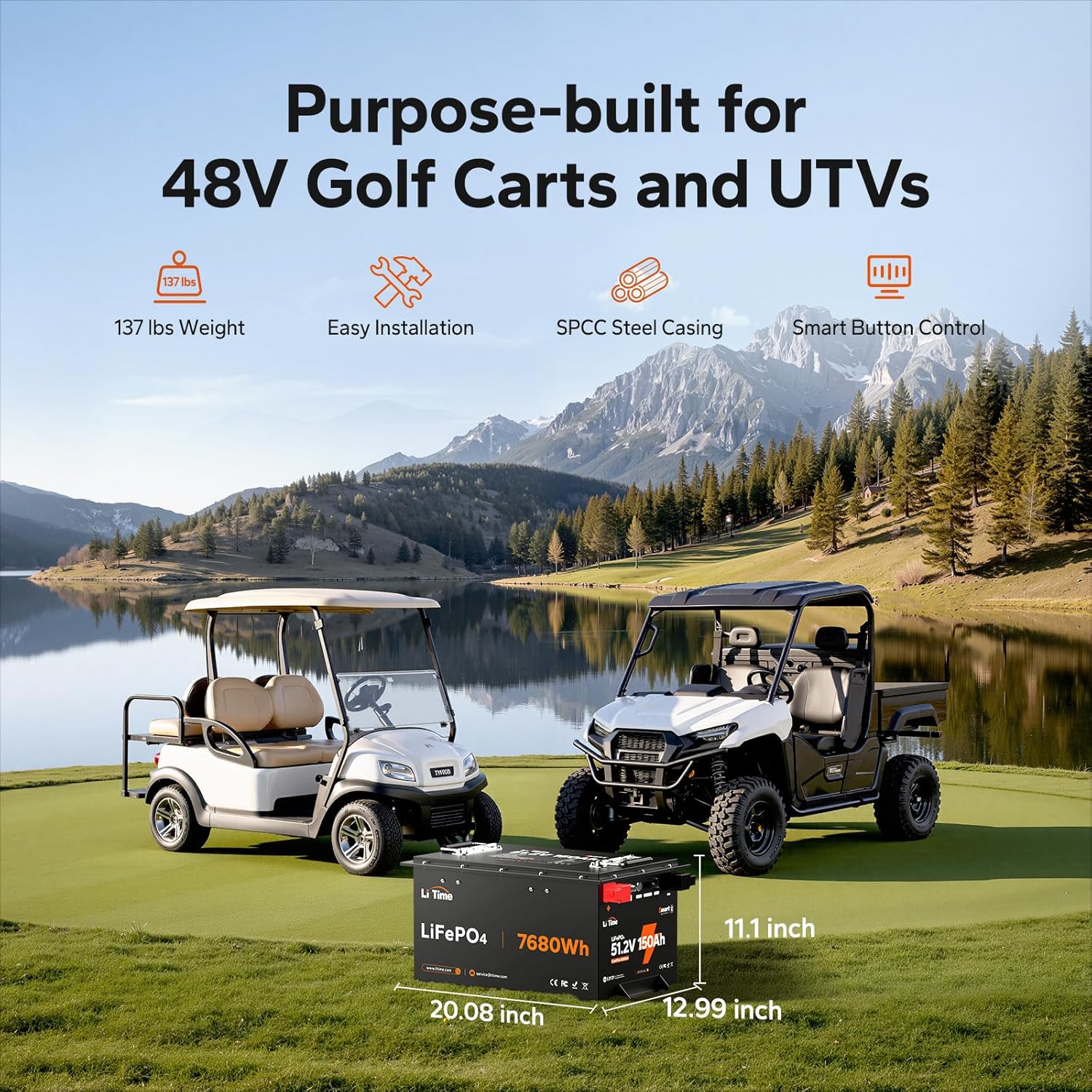 Litime 48V 150Ah Lithium Golf Cart Battery, 15000+ Cycles Life Battery, 7.69KWh, Bluetooth 5.0& with RS485, Perfect for Golf Carts, Trolling Motors, Home