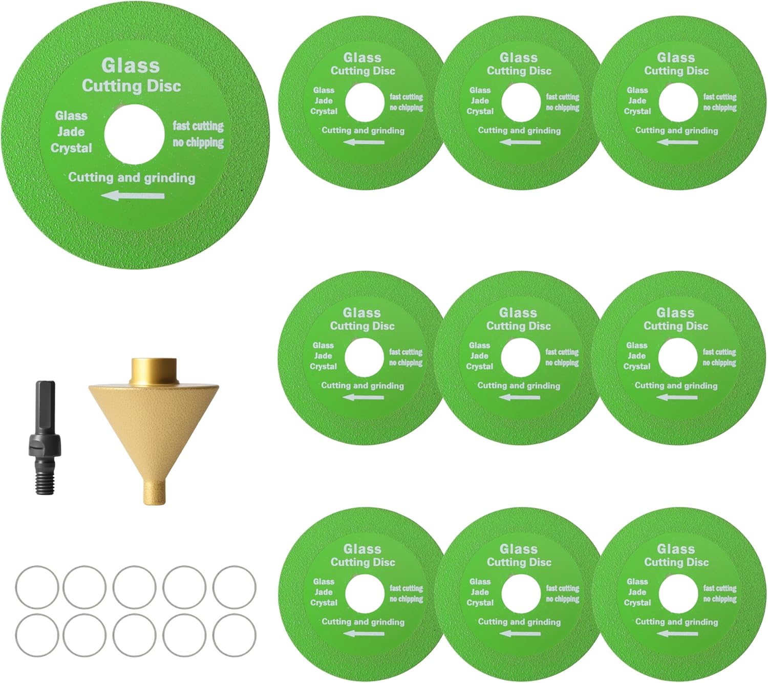 Diamond Beveling Chamfer Bit with 10 pcs Glass Cutting Disc for Angle Grinder，for M10 Thread Adapter (50mm Bit)