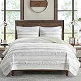 Queen Quilt Set, Southwestern Boho Coverlet Queen Bedding Reversible Seersucker, Channel Quilting, All Season, Soft Microfiber Queen Size Quilt, Fraser, Full/Queen, Taupe/Blue 3 Piece