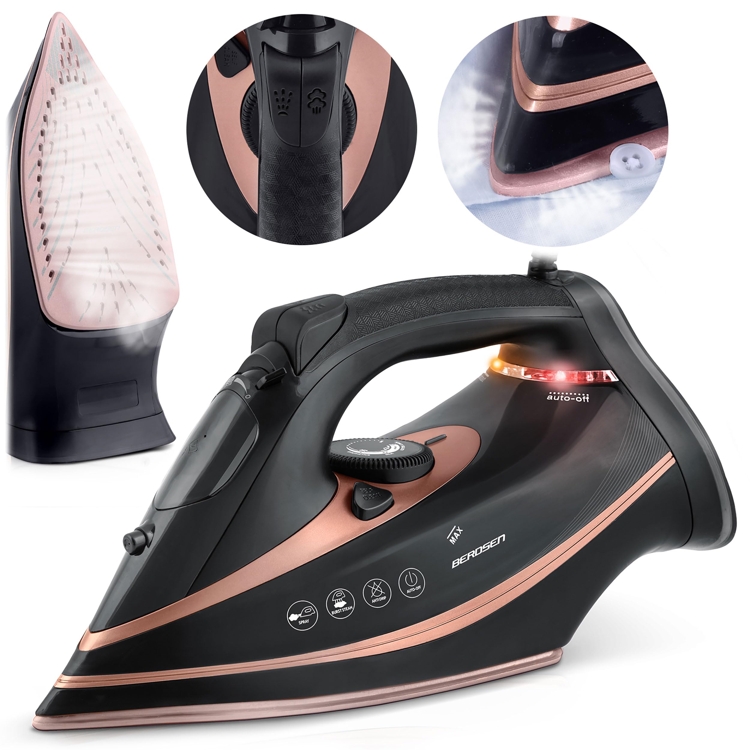 Berdsen Plancha de vapor, 3000 W, 10 en 1, con suela de cerámica, depósito de agua de 360 ml, doble golpe de vapor, color negro