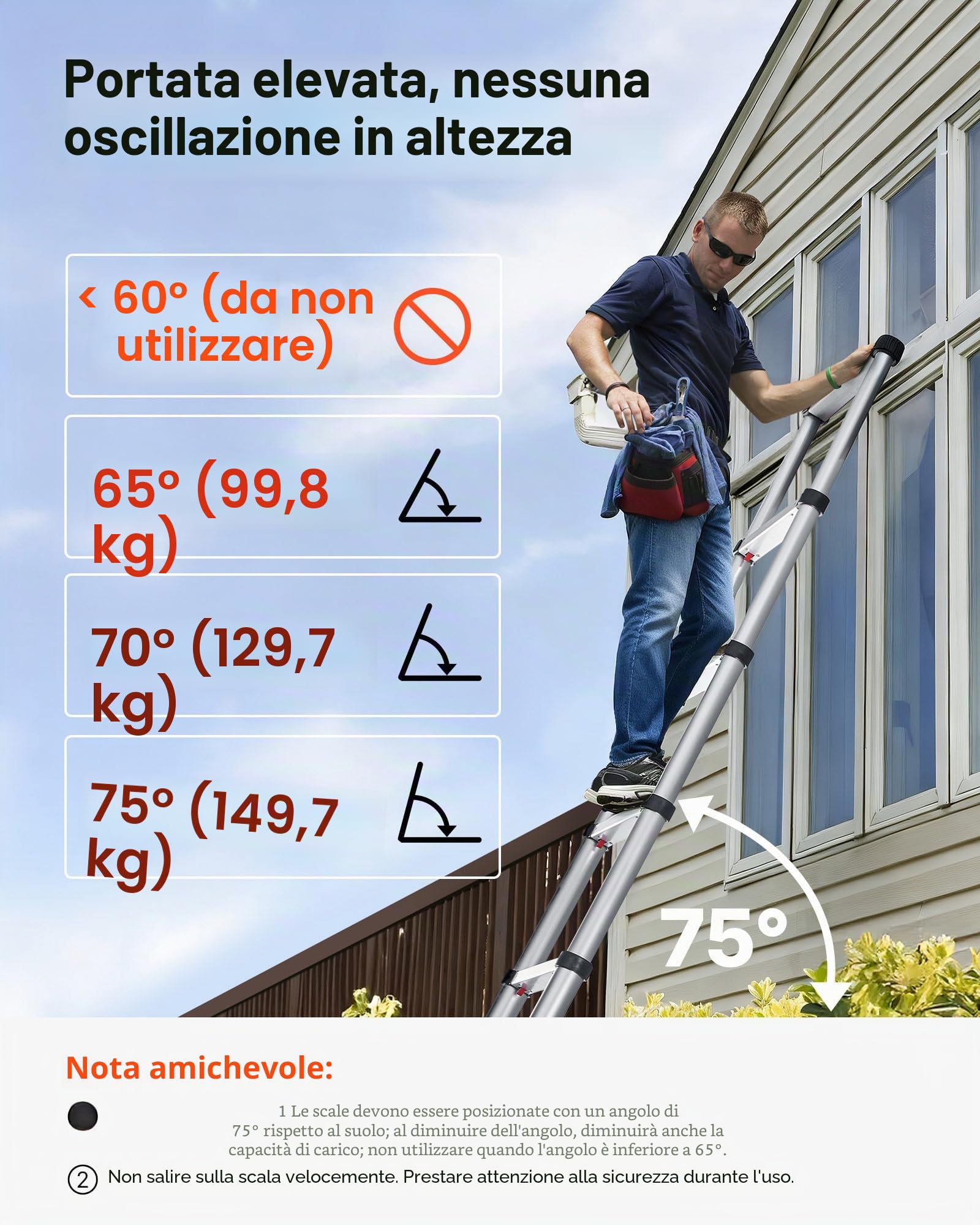 VEVOR Scala Telescopica da 3,8 m, Scala Estensibile Pieghevole Multiuso in Alluminio, Capacità Carico max. di 150 kg con Piedini Antiscivolo, per Casa, Lavori all'Aperto, Soffitta