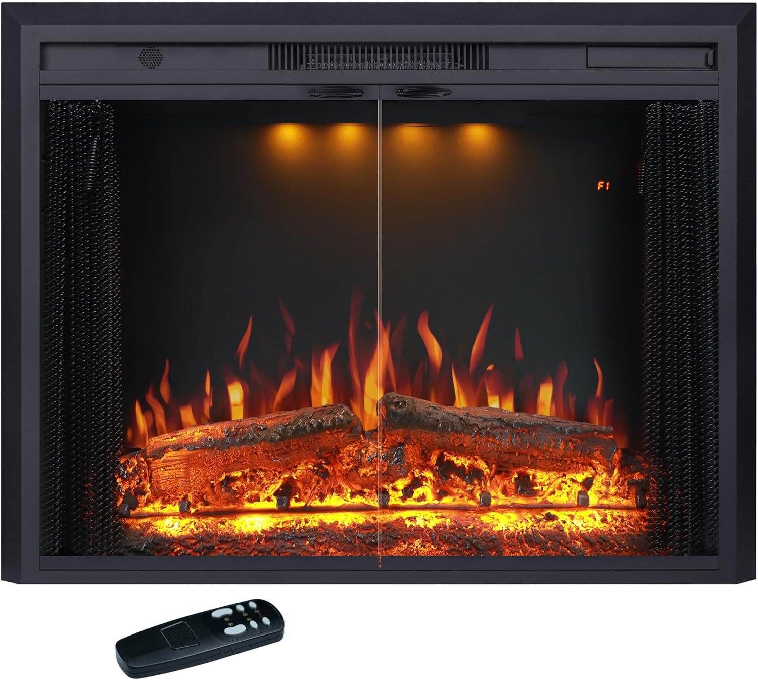 Valuxhome 35.63” W 27.5" H Electric Fireplace Insert with Low/High Temperature Settings, Movable Mesh Screen and Glass Door, 1-9H Timer, Remote and Panel Control