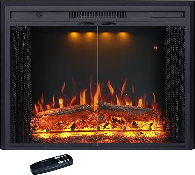 Valuxhome 35.63 W 27.5" H Electric Fireplace Insert with Low/High Temperature Settings, Movable Mesh Screen and Glass Door, 1-9H Timer, Remote and Panel Control