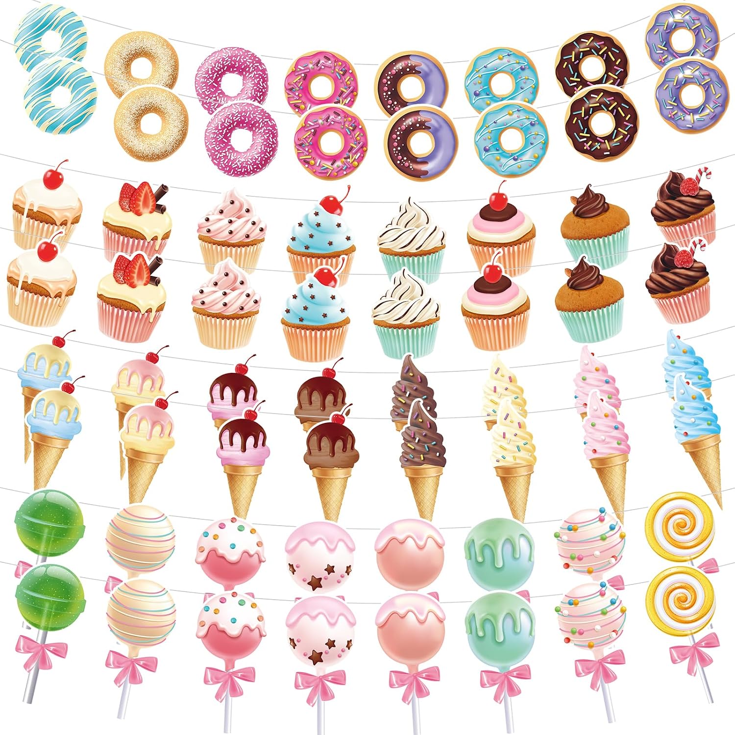 64 Pcs Candy Party Decorations Includes 8 Pack Ice Cream Party Banner Donut Theme Lollipop Cupcakes Banner Hanging Donut Garland Kit for Grow up Birthday Party Supplies