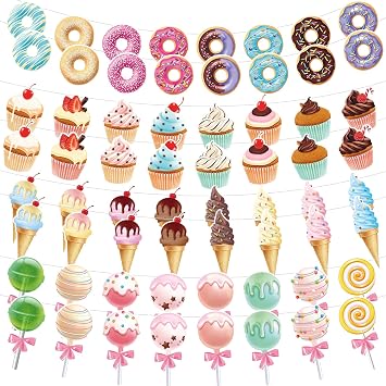 64 Pcs Candy Party Decorations Includes 8 Pack Ice Cream Party Banner Donut Theme Lollipop Cupcakes Banner Hanging Donut Garland Kit for Grow up Birthday Party Supplies