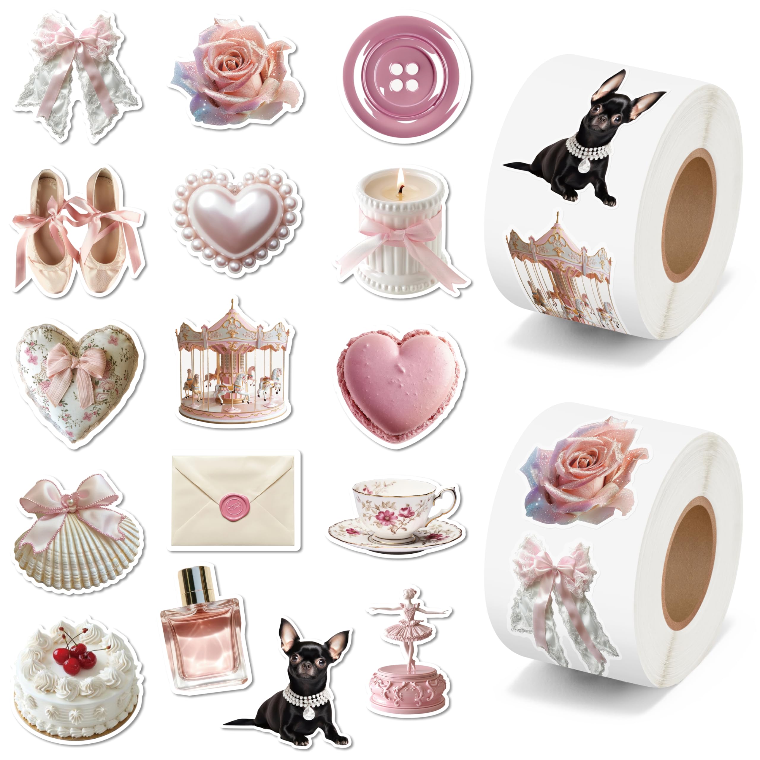 Vintage Coquette Aesthetic Stickers - 1000PCS Pink Coquette Stickers in 2 Rolls Waterproof Vinyl Girly Realistic Coquette Decal for Kids Girls Water Bottle Scrapbook Laptop Crafts Giftwrap