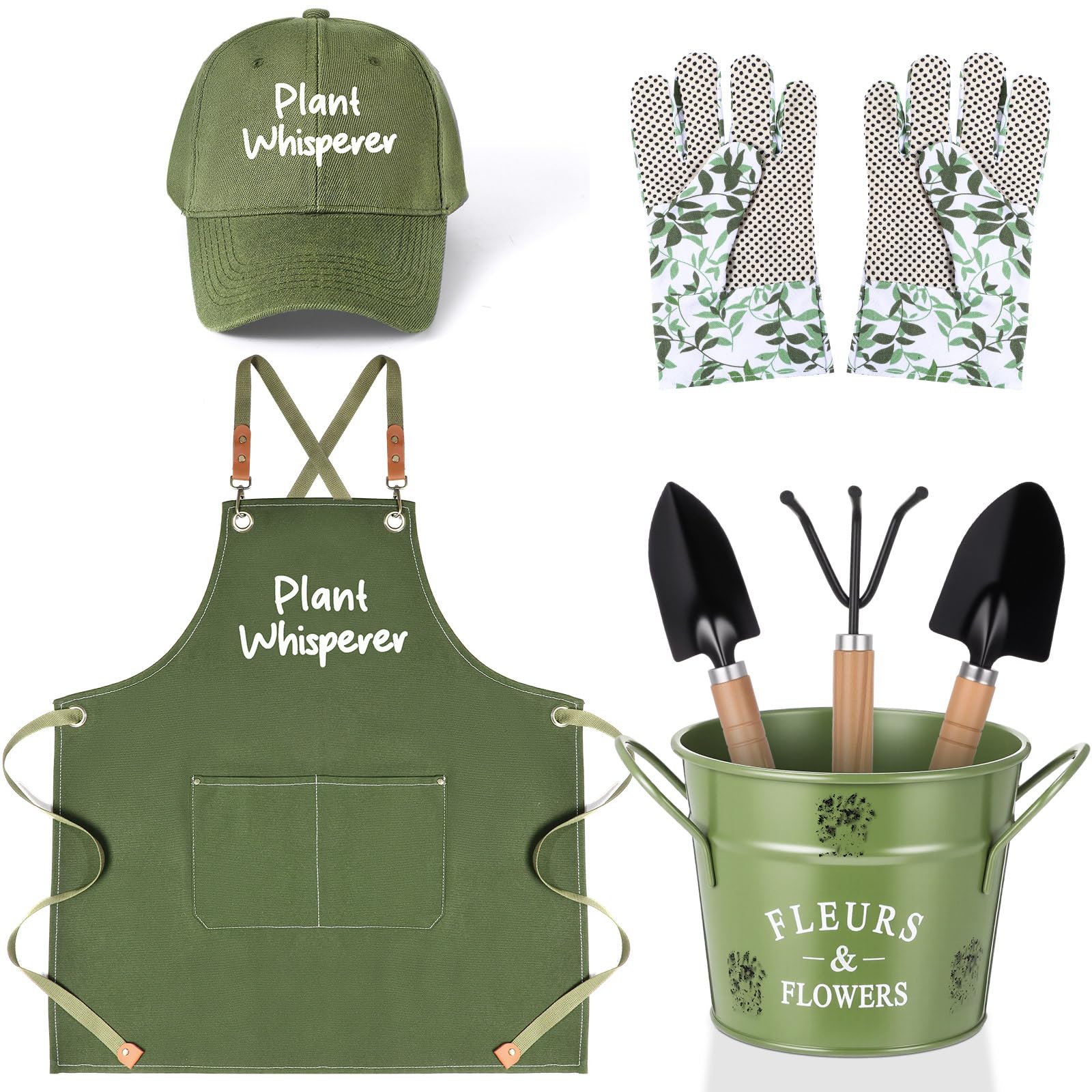 Tarpop Juego de herramientas de jardín verde, regalos de jardinería para mujeres, kit de herramientas de plantación de hortalizas de 7 piezas con tapa, delantal de lona, guantes de hojas verdes,