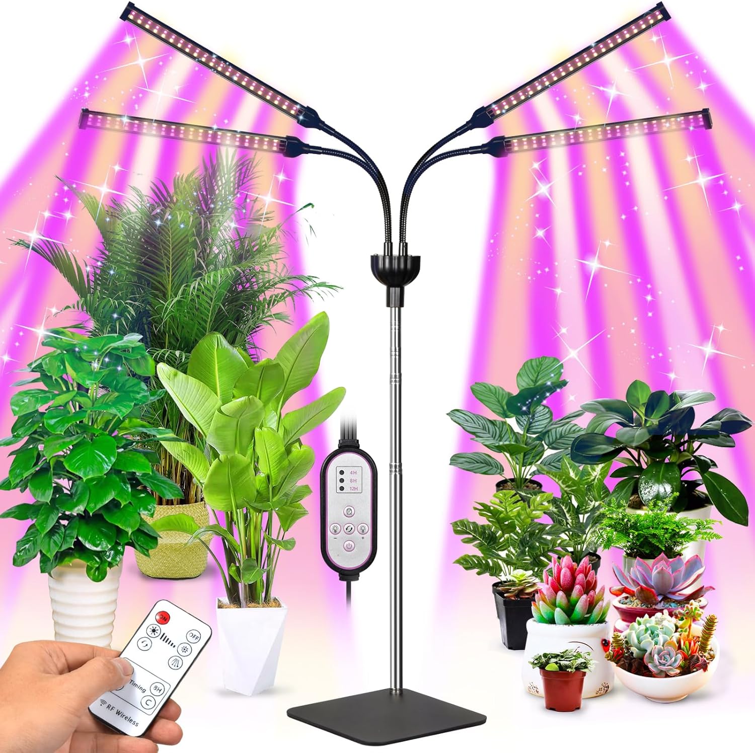 Grow Lights for Indoor Plants, 4 in 1 Full Spectrum Plant Lights for Indoor Growing with Adjustable Brightness On/Off Switch and Timer, Plant Grow Light liftable Height for Plant Growth and Flowe