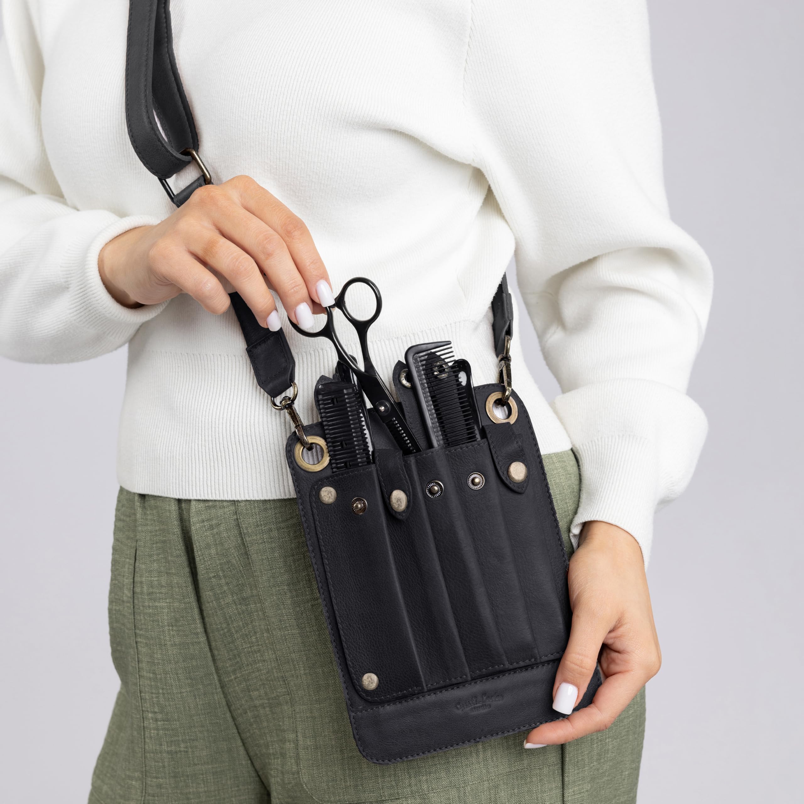 Gusti Pino - Bolso bandolera de piel para peluquería y herramientas, color negro
