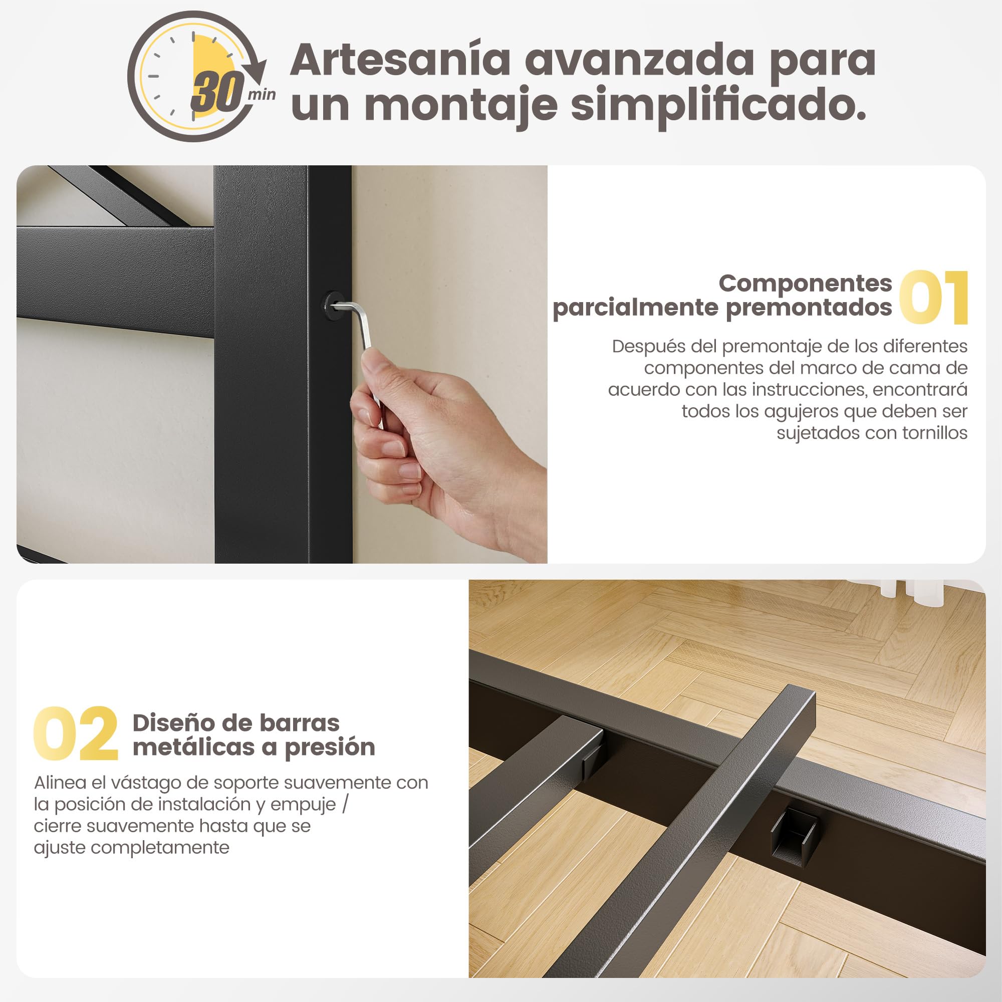 Cama metálica 90 x 200 cm con somier láminas Malla metálica Capacidad Carga de 400 kg cabecero 96 cm Espacio Almacenamiento Debajo la Cama no Requiere colchón de muelles Color Negro Moderno.