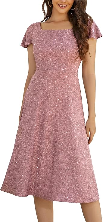 BeryLove Prom Dress for Teens Sequin Formal Party Dress with Flutter Short Sleeves for Wedding & Cocktail Evening Events