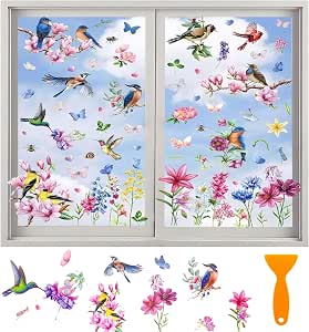 Autocollants Fenêtre Printemps - Oiseaux Fleurs Papillons, Anti-Collision, Déco Maison & Fête, 9 Stickers PVC