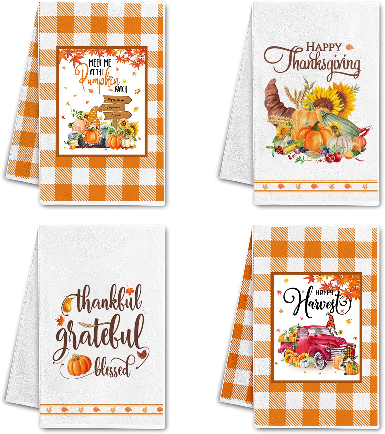 Hexagram Thanksgiving Fall Funny Kitchen Dish Towels Set of 4-Best Housewarming Gift for Fall Kitchen Tea Towels with Sayings-Buffalo Plaids Gnomes Pumpkins Wreath Decor Hand Towels for Drying Dishes