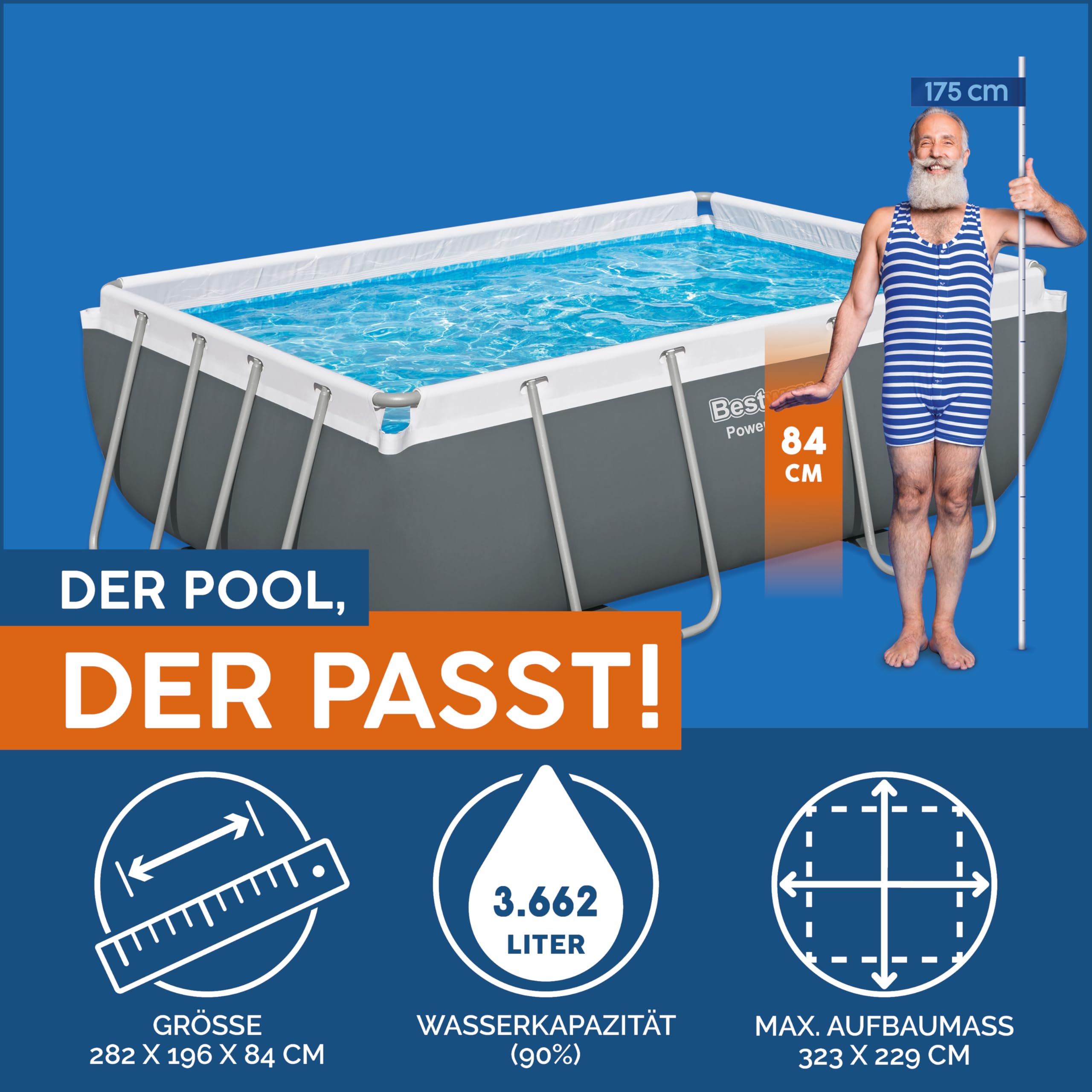 Bestway Power Steel Frame Pool Set mit Filterpumpe 282 x 196 x 84 cm, grau, eckig