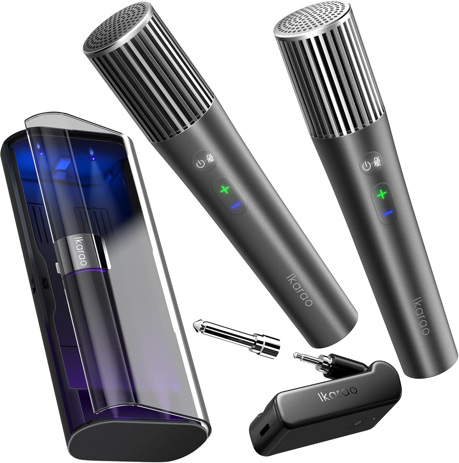 Ikarao Wireless Microphone with Dual Channel Receiver & UV Self-Cleaning Storage Case, 2 Handheld Dynamic Mics, 20H Battery, 100ft Range, Plug & Play Karaoke Mic for JBL, Party, Home, Church (Black)