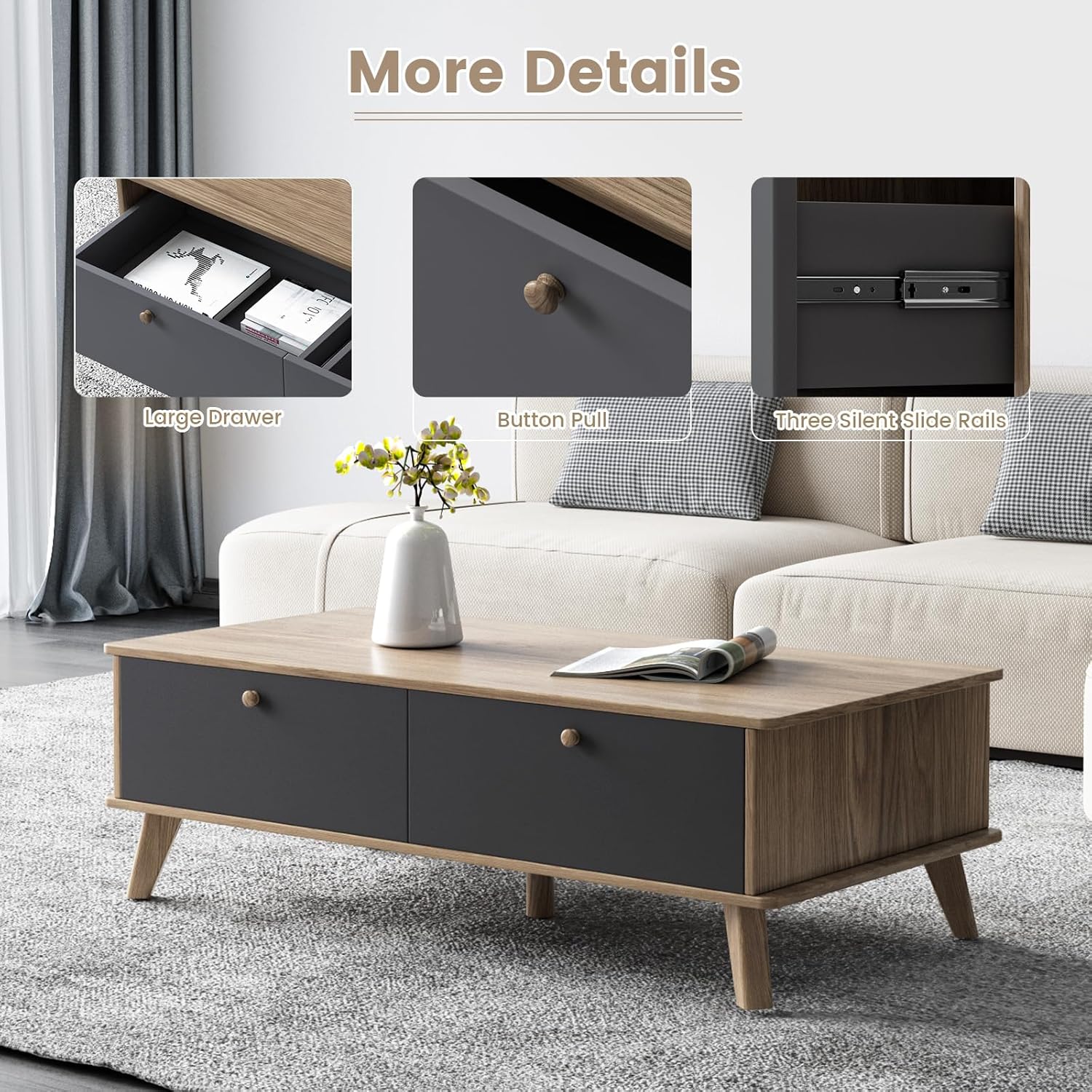 Guyii Coffee Table with Storage Drawer, Mid Century Modern Tea Table, Space Saving Center Table, Rectangular Office Desk for Living Room, Home Office, Easy to Assemble