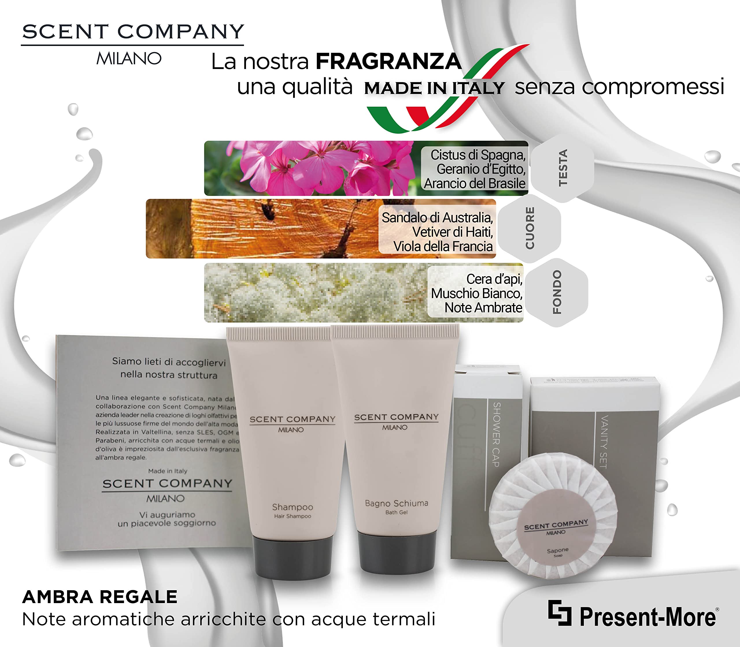PRESENT-MORE - Set Cortesia 30 Ospiti Scent Company Milano - Fragranza Ambra Regale - Contiene: Shampoo, Gel Doccia, Sapone, Cuffia e Vanity - Made in Italy - Per Hotel e B&B