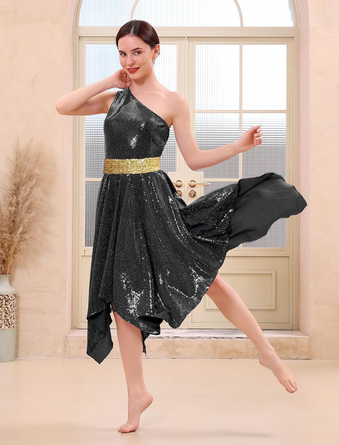 ODASDO Praise Dance Overlay Dress for Women Shiny Sequin One Shoudler Tunic Overlay Dresses Worship Liturgical Dancewear - Image 7