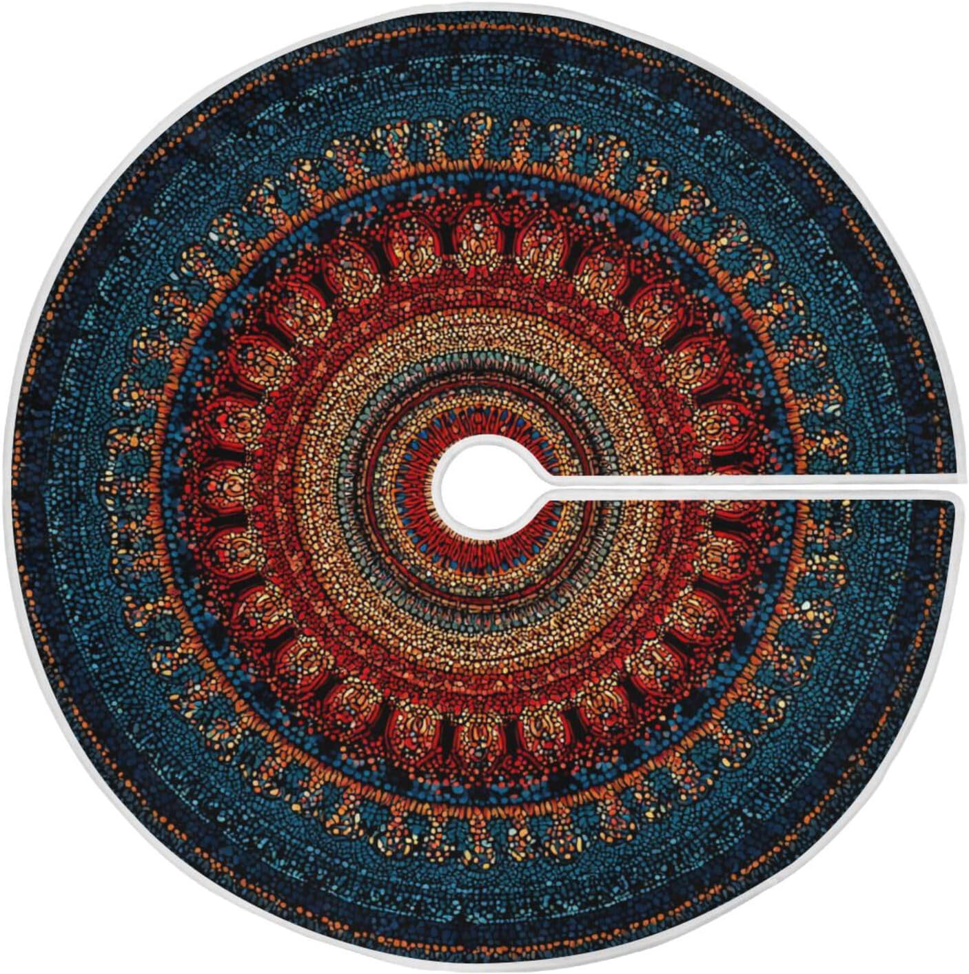 Deep Red Mandala Dark Blue Christmas Tree Floor Mat Home Party Holiday Decorations Plush Polyester 47 inch/35 inch