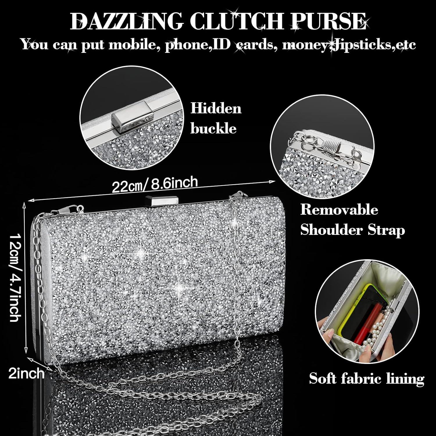 Mixweer 4 Pieces Clutch Purses Bag for Women Evening Rhinestone Jewelry Set Bling Necklace Earrings Bracelets Set for Wedding - Image 5