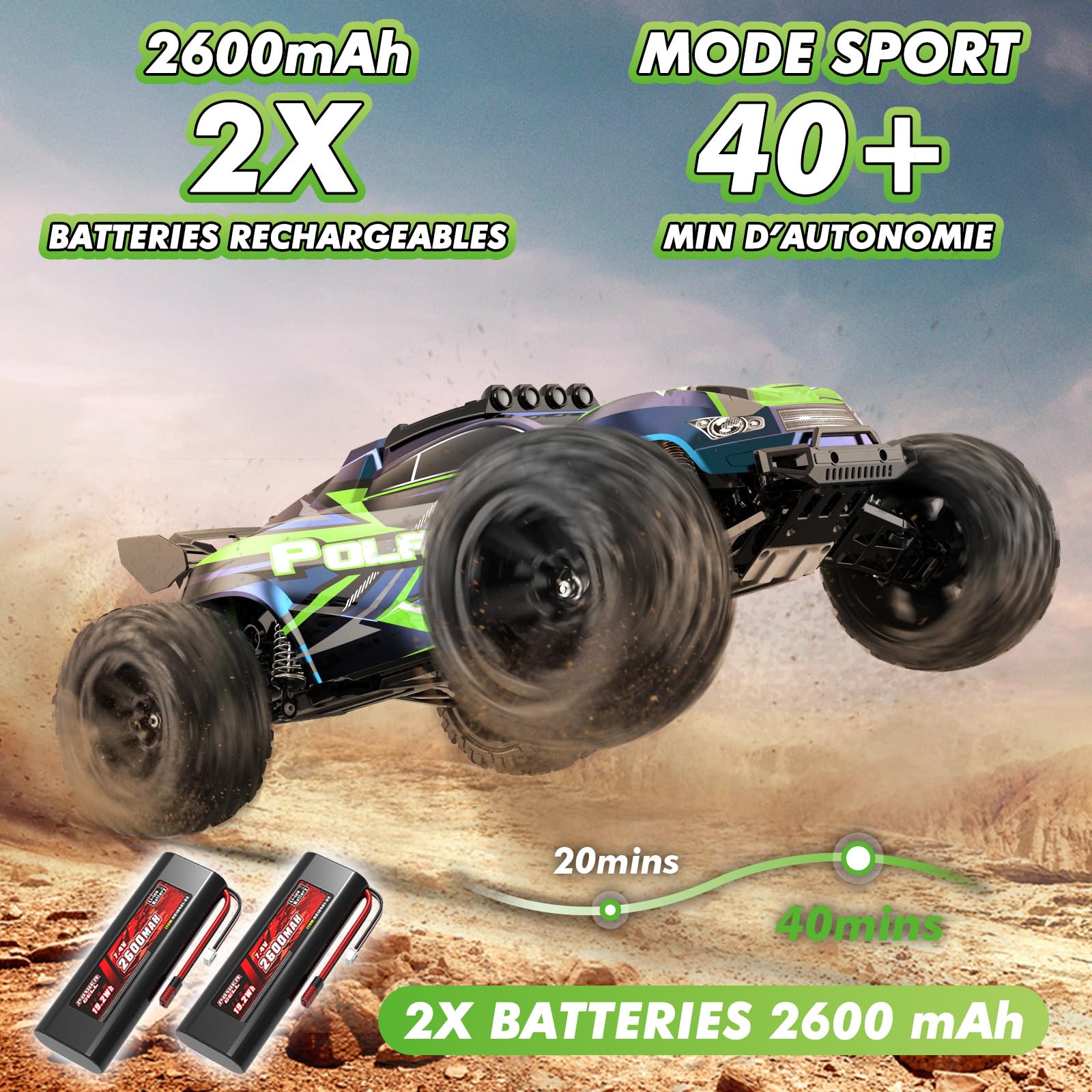 Voiture Télécommandée Adulte Grande Échelle 1:10 46 cm, RC Truck 2WD RWD Électrique 45 km/h avec 2 Batteries 2600mAh, Voiture Radiocommandée Tout Terrain pour Enfants et Adultes