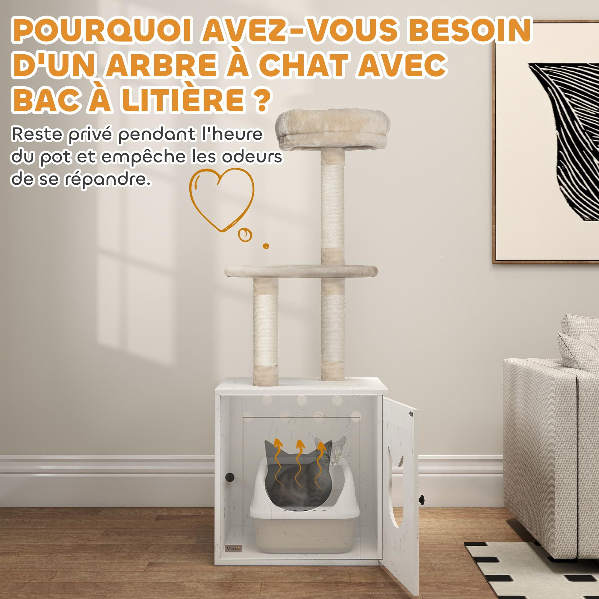 PawHut Tiragraffi per Gatti con casa di Servizi igienici, Torre di Gioco 2 in 1, Cuccia per Gatti da 129 cm con coprilettiera, Pali da graffiare, Piattaforma, Letto, Crema