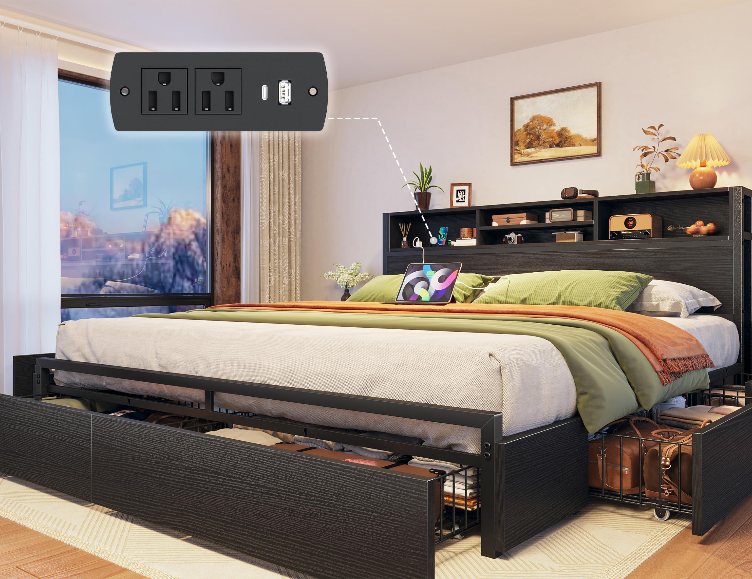 EnHomee King Size Bed Frame with 6 Storage Drawers King Bed Frame and Headboard Storage Bed with Charging