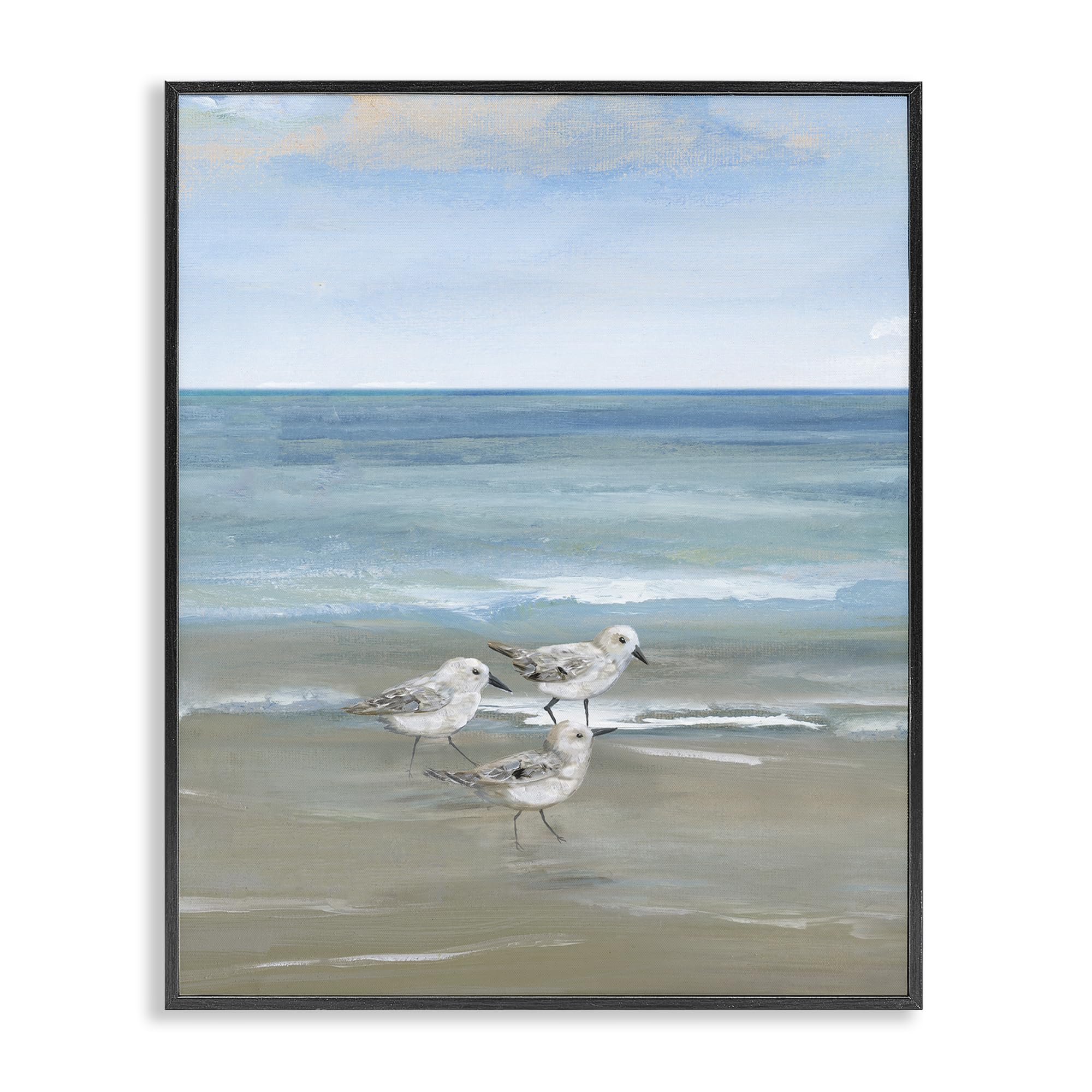 Stupell Industries Midnight Black (Textured) Three Shorebirds Gentle Waves, 24 X 30 Inch Framed Giclée Print