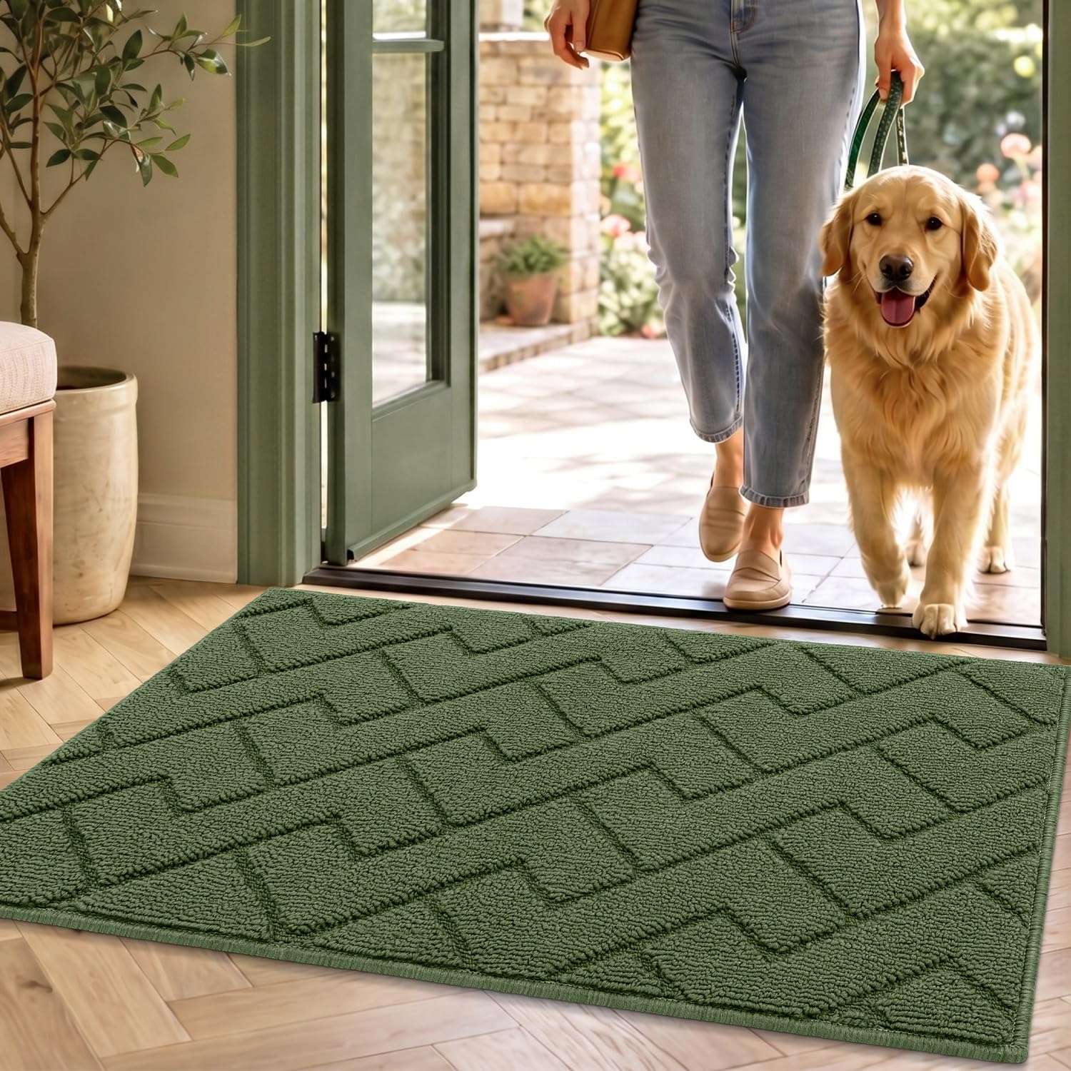 Tapis de porte paillasson d'entrée anti-glisse Biscpro vert 50x80 cm pour stopper l'humidité