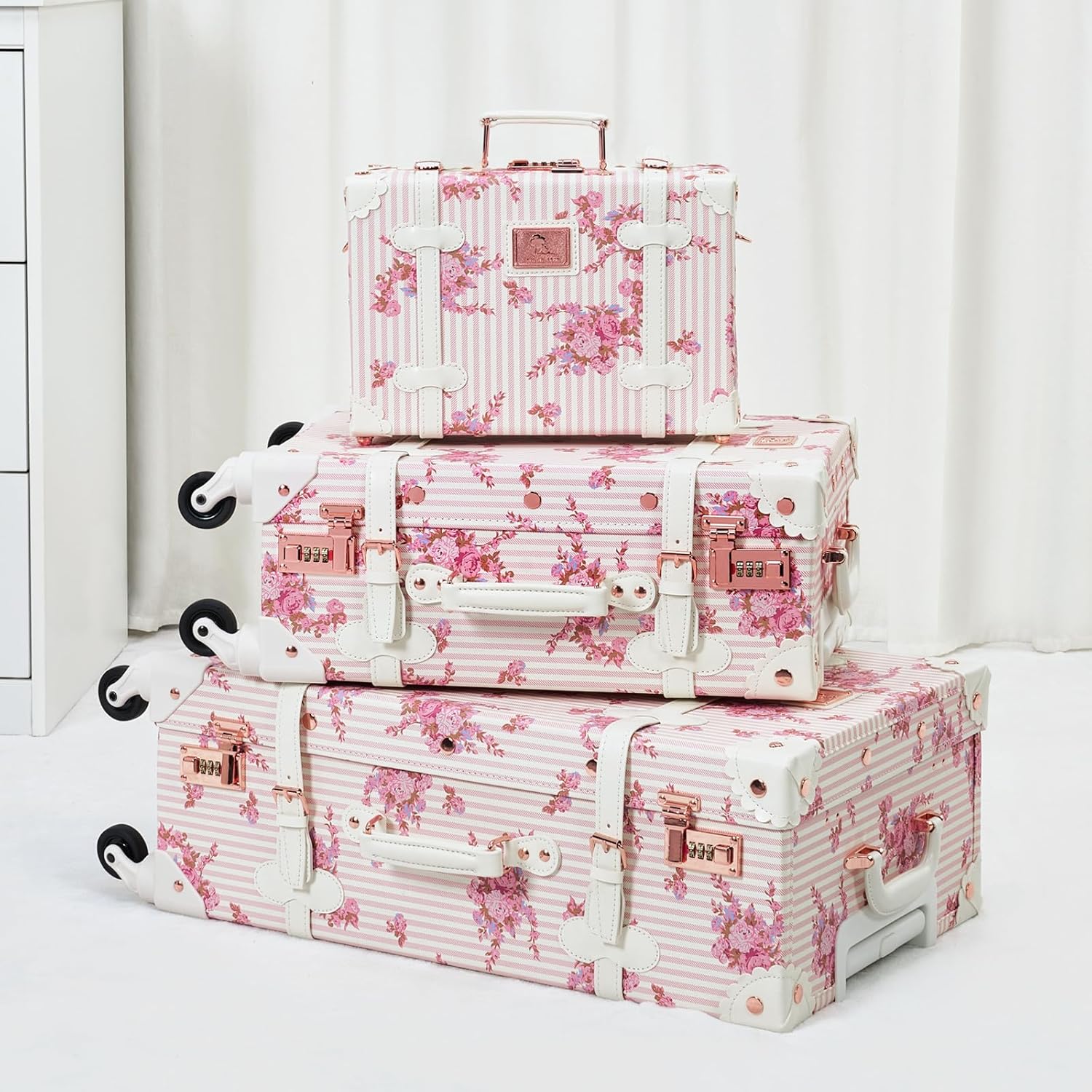Unitravel Vintage Luggage Set, 3 Piece Retro Suitcase with Spinner Wheels Combination Lock and Carry On Cosmetic Train Case for Women (Pink Floral, 26"+20"+12")