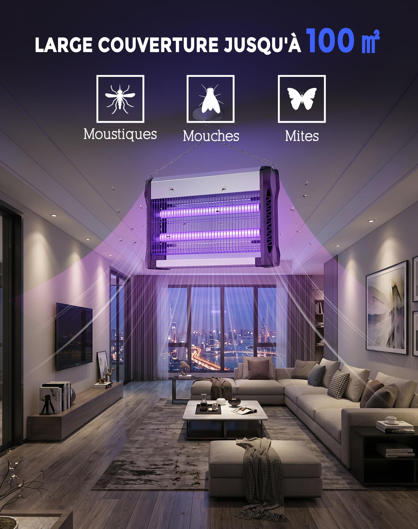 Lampe Anti Moustique, 20W Tueur de Mouches 2500V, Couverture 100㎡ Destructeur d'insectes électrique avec Ignifuge V0, Piège à Moustiques Silencieux pour Intérieur, Chambre, Maison, Cuisine, Bureau