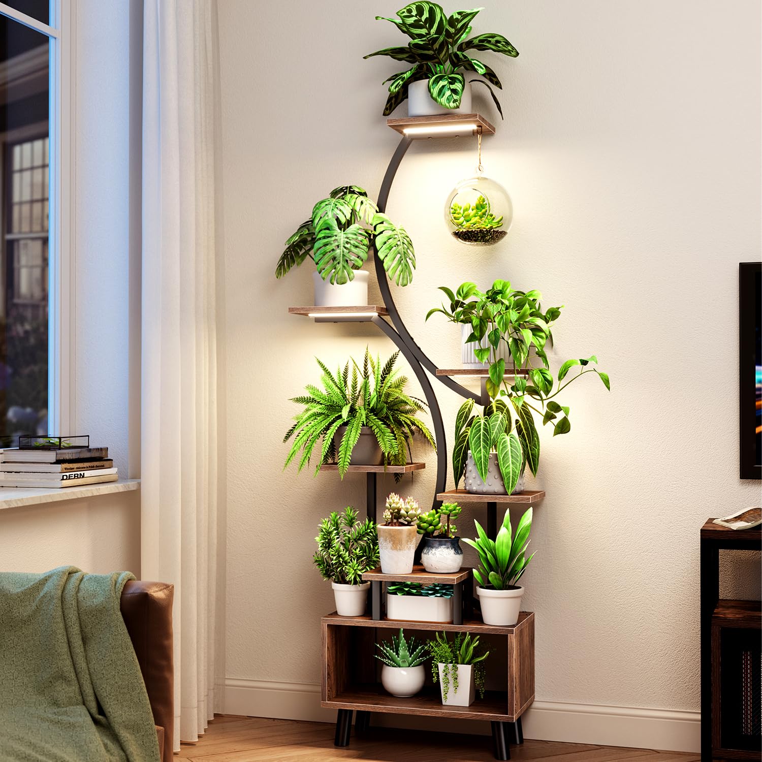Étagère Plantes 160cm – 8 niveaux, LED croissance, métal + bois
