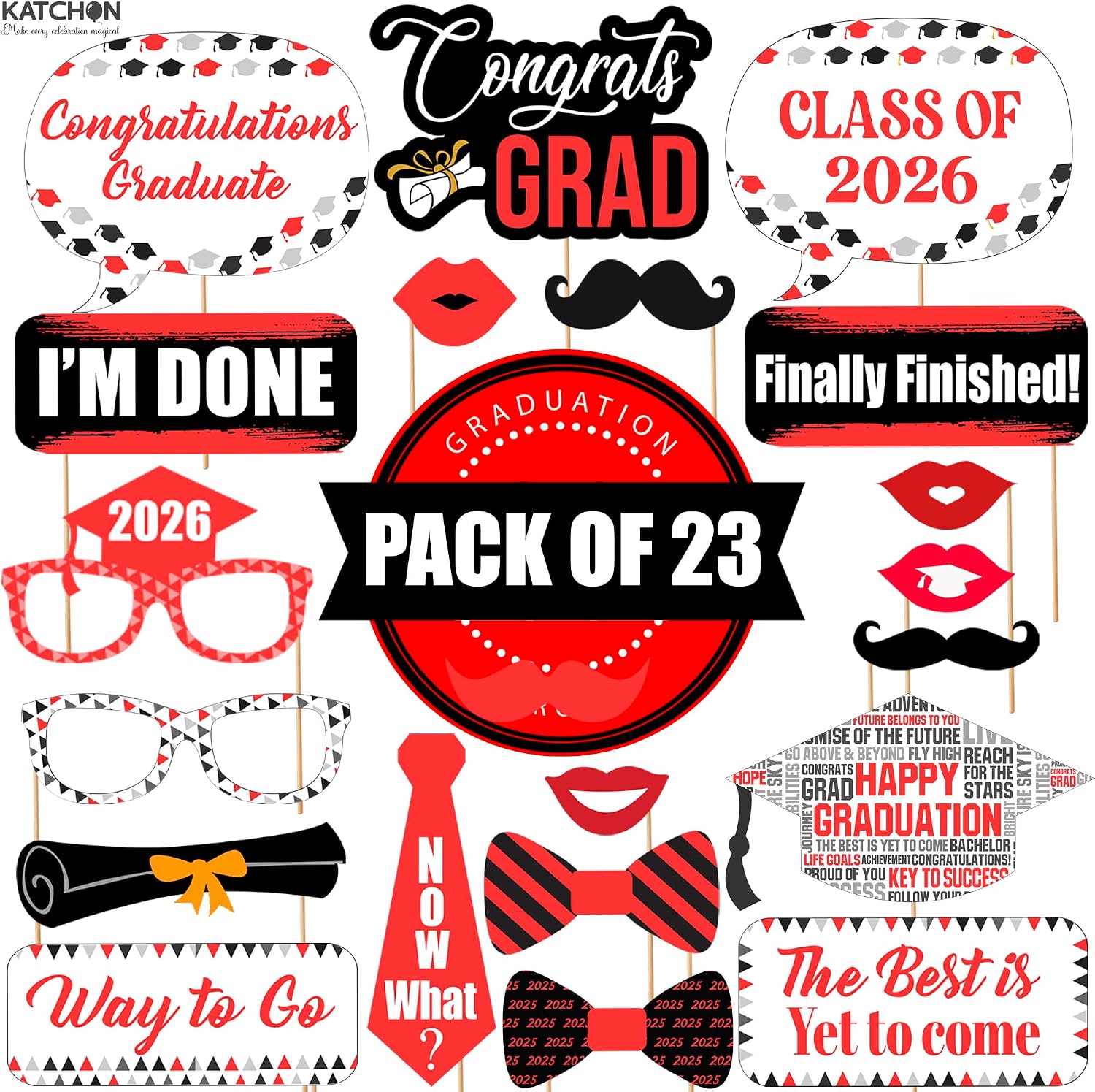 Graduation Decorations 2026 | Red Graduation Photo Props - Pack of 23 | Photo Props for Red & Black | Graduation Props for Congrats Grad Decorations | Class of 2026 Decorations, KatchOn