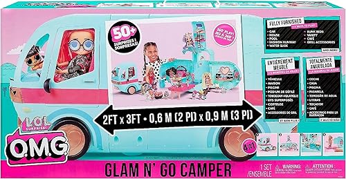 Miniatura 7 de LOL Surprise OMG Glam N' Go Camper Playset con más de 50 sorpresas y juego de 360, totalmente amueblado con piscina, tobogán de agua, literas,